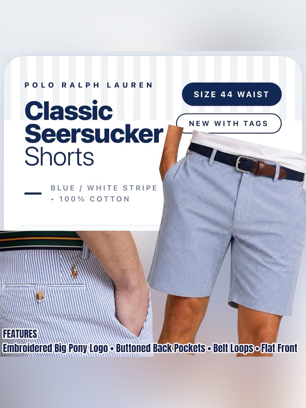 Polo Ralph Lauren Stretch Classic Fit Seersucker Shorts, 44 Waist, Blue/White